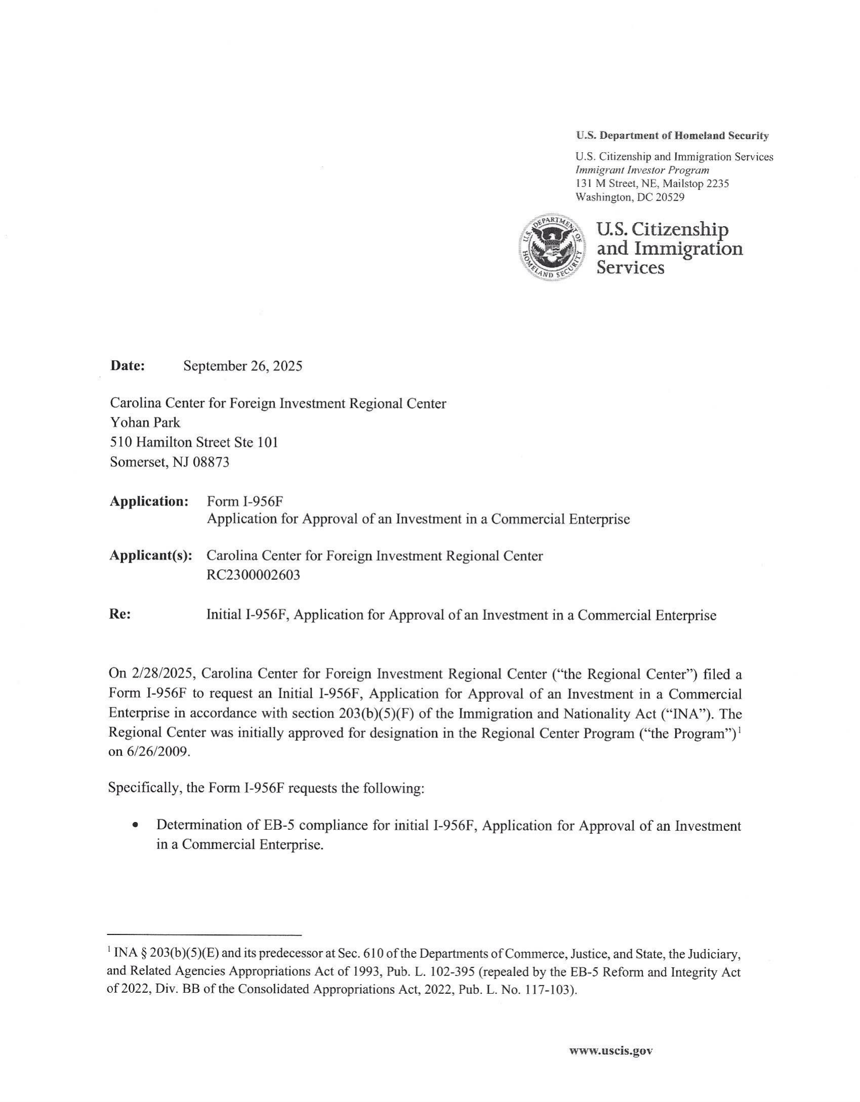 USCIS I-956F Approval Notice