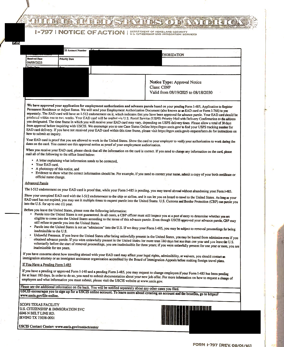 USCIS I-797 approval notice (redacted)