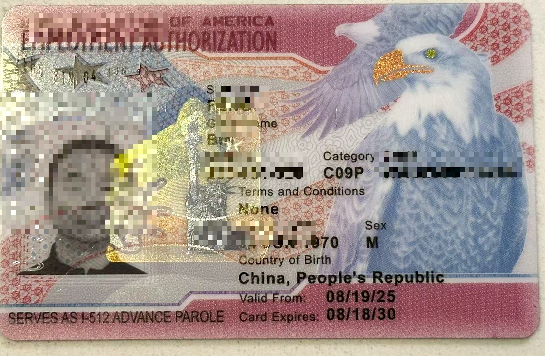 EAD / Combo card front (redacted)